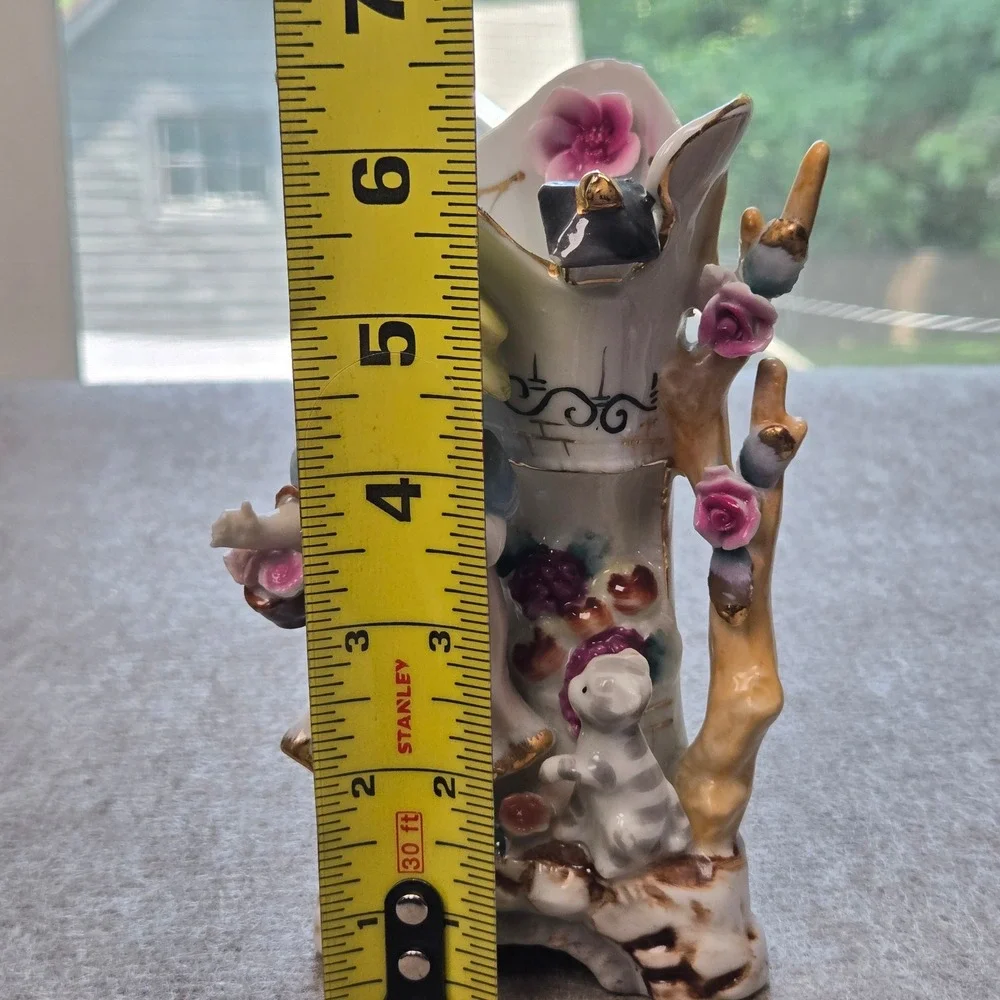 Vtg Camille Naudot Porcelain Figurine Vase Young Girl With Cat and Pink Roses